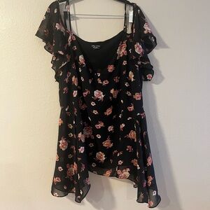 Floral Black Top with Pink Accents